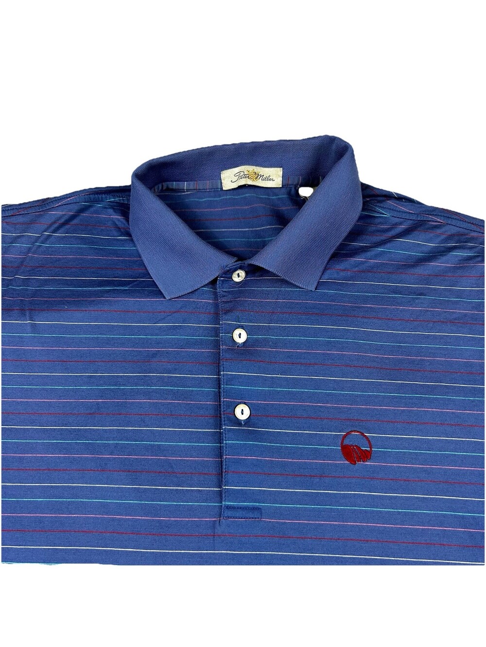 Peter Millar Golf Polo Shirt Mens Large Blue Stripe Stylish Golden Crown Stretch